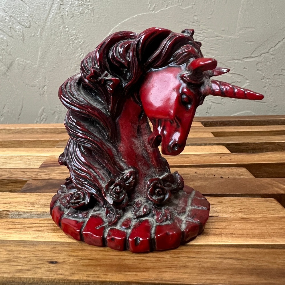 Vintage Style Red Cinnabar Resin Unicorn Bust Figurine with Roses 3.25"
